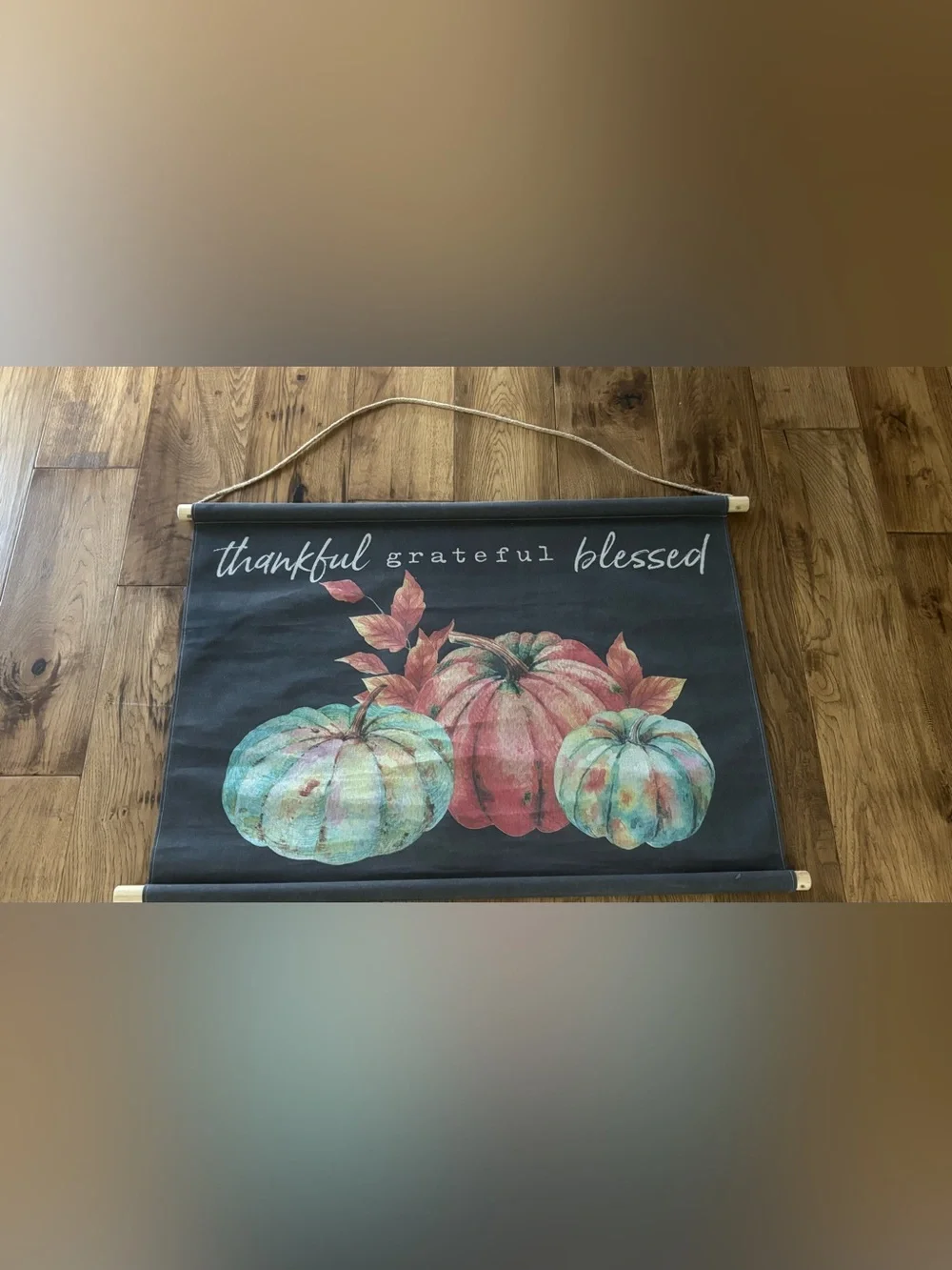 Thankful Grateful Blessed Pumpkin Fabric Wall Art -Fall Decor 37x25”